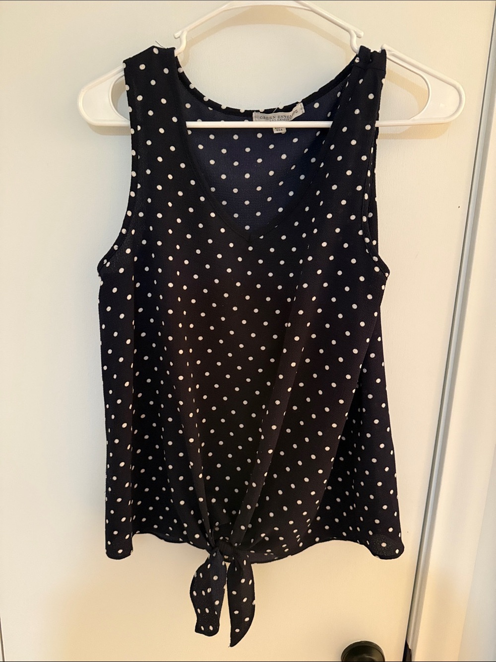 Green Envelope navy and White Polka Dot Tie-Front Camisole